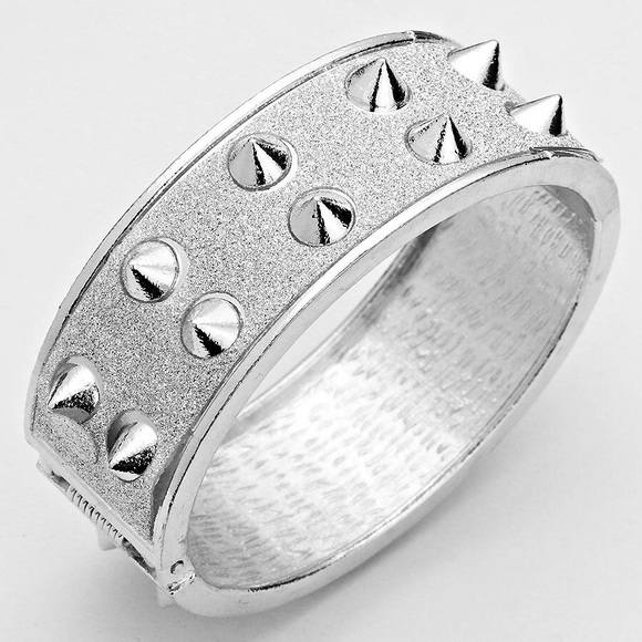 Silver Spiked Studded Hinged Cuff Bracelet - Picture 1 of 2